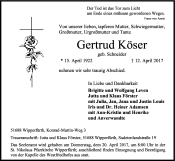 Anzeige von Gertrud Köser von Kölner Stadt-Anzeiger / Kölnische Rundschau / Express