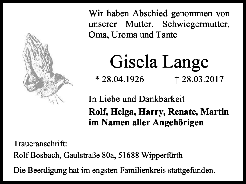  Traueranzeige für Gisela Lange vom 22.04.2017 aus Kölner Stadt-Anzeiger / Kölnische Rundschau / Express