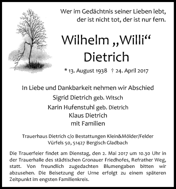 Anzeige von Wilhelm Dietrich von Kölner Stadt-Anzeiger / Kölnische Rundschau / Express