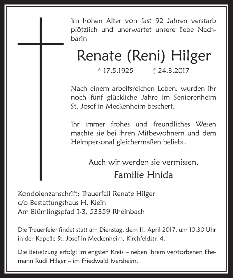  Traueranzeige für Renate Hilger vom 05.04.2017 aus  Schaufenster/Blickpunkt 