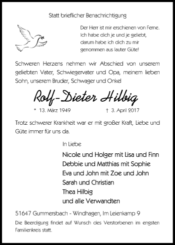 Anzeige von Rolf-Dieter Hilbig von Kölner Stadt-Anzeiger / Kölnische Rundschau / Express