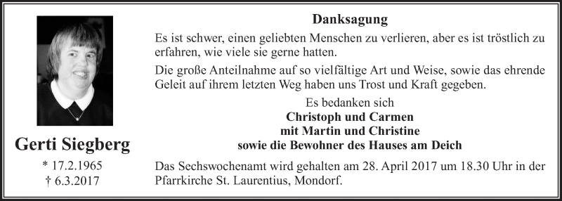  Traueranzeige für Gerti Siegberg vom 12.04.2017 aus  Extra Blatt 