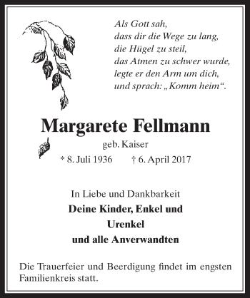 Anzeige von Margarete Fellmann von  Sonntags-Post 