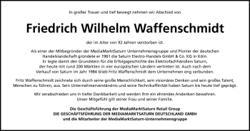 Anzeige von Friedrich Wilhelm Waffenschmidt von Kölner Stadt-Anzeiger / Kölnische Rundschau / Express