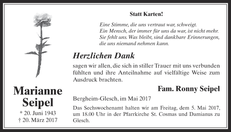  Traueranzeige für Marianne Seipel vom 26.04.2017 aus  Werbepost 
