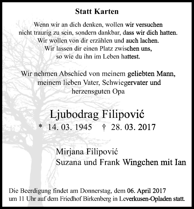  Traueranzeige für Ljubodrag Filipovic vom 03.04.2017 aus Kölner Stadt-Anzeiger / Kölnische Rundschau / Express