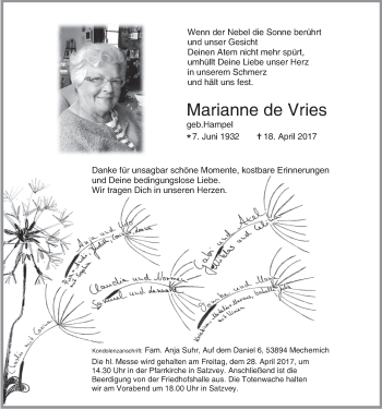 Anzeige von Marianne de Vries von  Blickpunkt Euskirchen 
