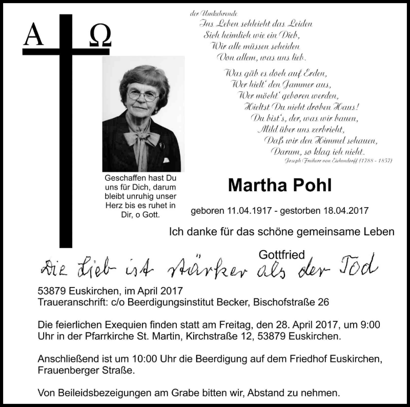  Traueranzeige für Martha Pohl vom 26.04.2017 aus Kölner Stadt-Anzeiger / Kölnische Rundschau / Express