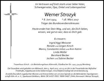 Anzeige von Werner Strozyk von Kölner Stadt-Anzeiger / Kölnische Rundschau / Express