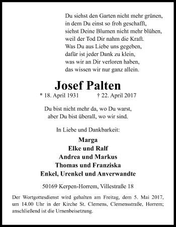 Anzeige von Josef Palten von Kölner Stadt-Anzeiger / Kölnische Rundschau / Express
