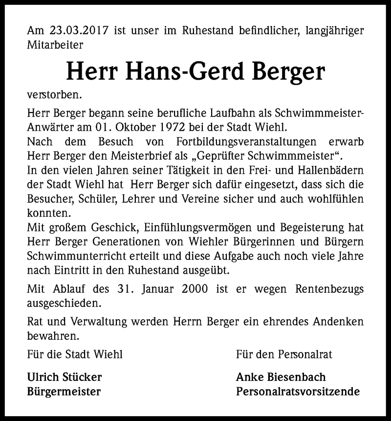  Traueranzeige für Hans-Gerd Berger vom 08.04.2017 aus Kölner Stadt-Anzeiger / Kölnische Rundschau / Express
