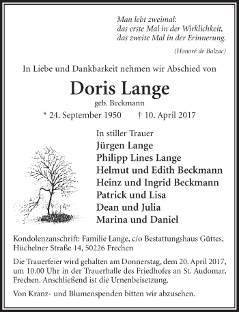 Anzeige von Doris Lange von  Sonntags-Post 