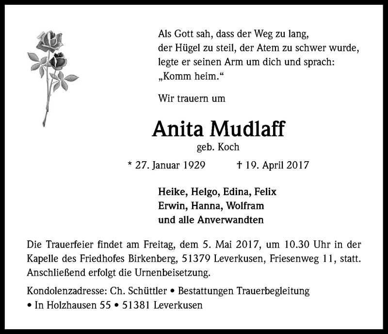  Traueranzeige für Anita Mudlaff vom 29.04.2017 aus Kölner Stadt-Anzeiger / Kölnische Rundschau / Express
