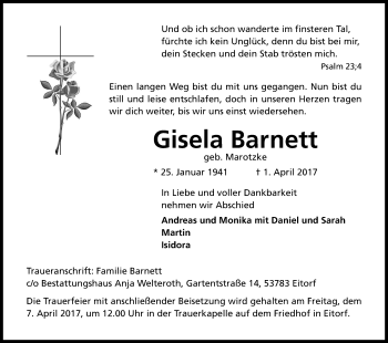 Anzeige von Gisela Barnett von Kölner Stadt-Anzeiger / Kölnische Rundschau / Express