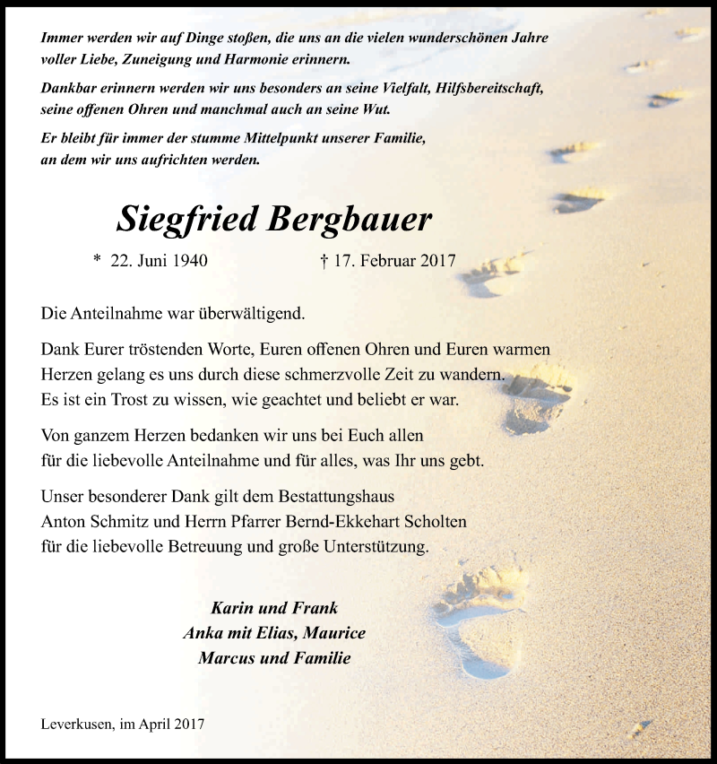  Traueranzeige für Siegfried Bergbauer vom 29.04.2017 aus Kölner Stadt-Anzeiger / Kölnische Rundschau / Express