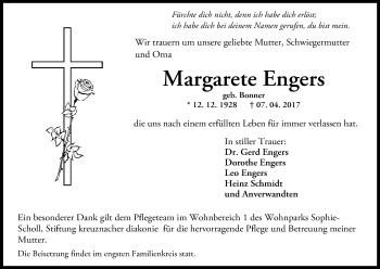Anzeige von Margarete Engers von Kölner Stadt-Anzeiger / Kölnische Rundschau / Express