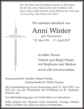 Anzeige von Anni Winter von  Sonntags-Post 