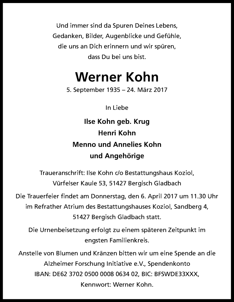  Traueranzeige für Werner Kohn vom 01.04.2017 aus Kölner Stadt-Anzeiger / Kölnische Rundschau / Express