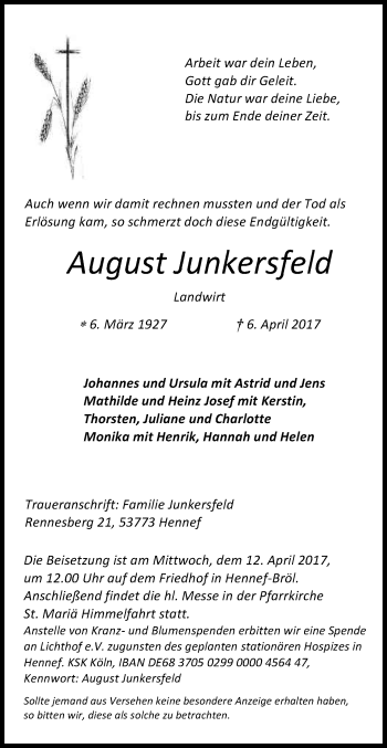 Anzeige von August Junkersfeld von Kölner Stadt-Anzeiger / Kölnische Rundschau / Express