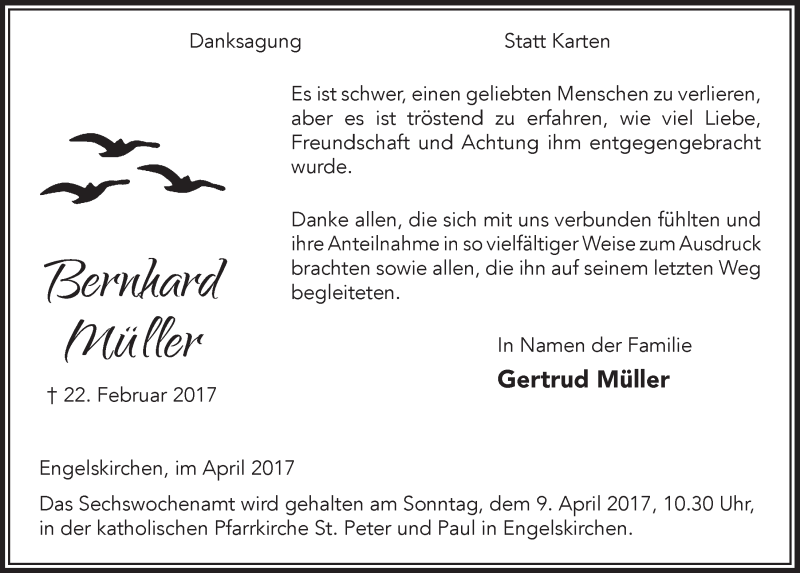  Traueranzeige für Bernhard Müller vom 05.04.2017 aus  Anzeigen Echo 