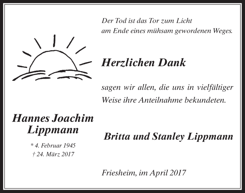  Traueranzeige für Hannes Joachim Lippmann vom 26.04.2017 aus  Werbepost 