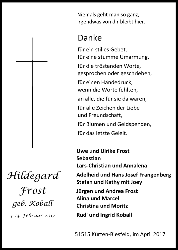  Traueranzeige für Hildegard Frost vom 05.04.2017 aus Kölner Stadt-Anzeiger / Kölnische Rundschau / Express