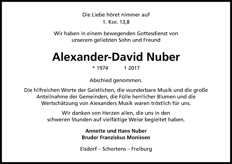  Traueranzeige für Alexander-David Nuber vom 15.04.2017 aus Kölner Stadt-Anzeiger / Kölnische Rundschau / Express