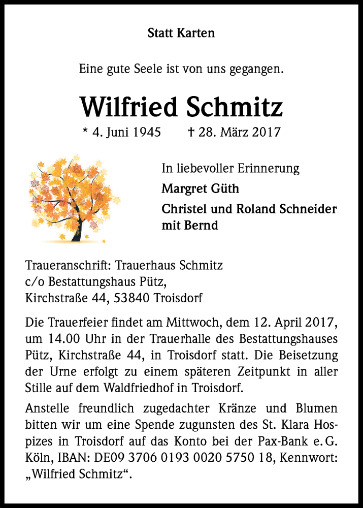  Traueranzeige für Wilfried Schmitz vom 08.04.2017 aus Kölner Stadt-Anzeiger / Kölnische Rundschau / Express
