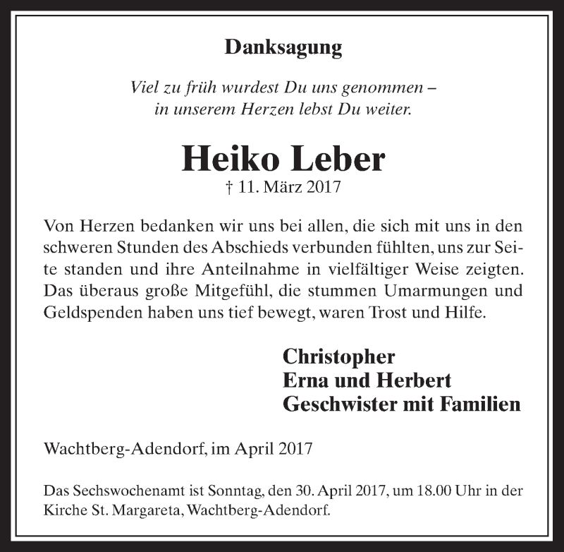  Traueranzeige für Heiko Leber vom 26.04.2017 aus  Schaufenster/Blickpunkt 