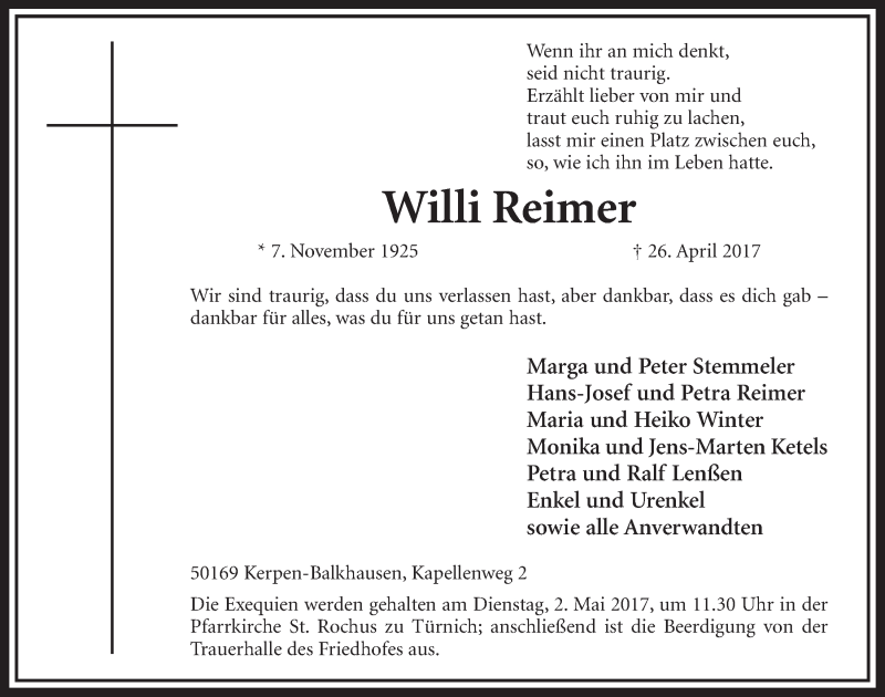  Traueranzeige für Willi Reimer vom 29.04.2017 aus  Sonntags-Post 