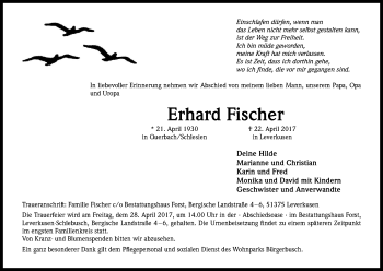 Anzeige von Erhard Fischer von Kölner Stadt-Anzeiger / Kölnische Rundschau / Express