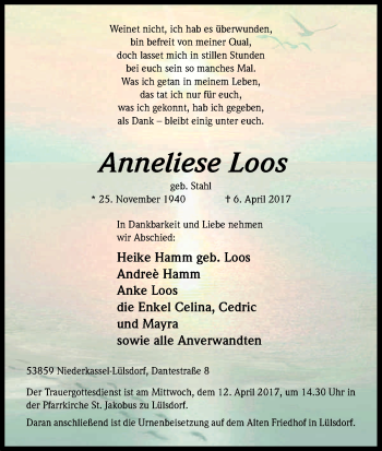 Anzeige von Anneliese Loos von Kölner Stadt-Anzeiger / Kölnische Rundschau / Express