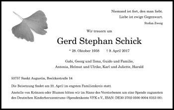Anzeige von Gerd Stephan Schick von Kölner Stadt-Anzeiger / Kölnische Rundschau / Express