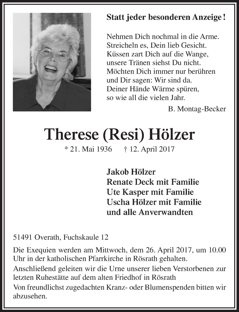  Traueranzeige für Therese Hölzer vom 22.04.2017 aus  Bergisches Sonntagsblatt 