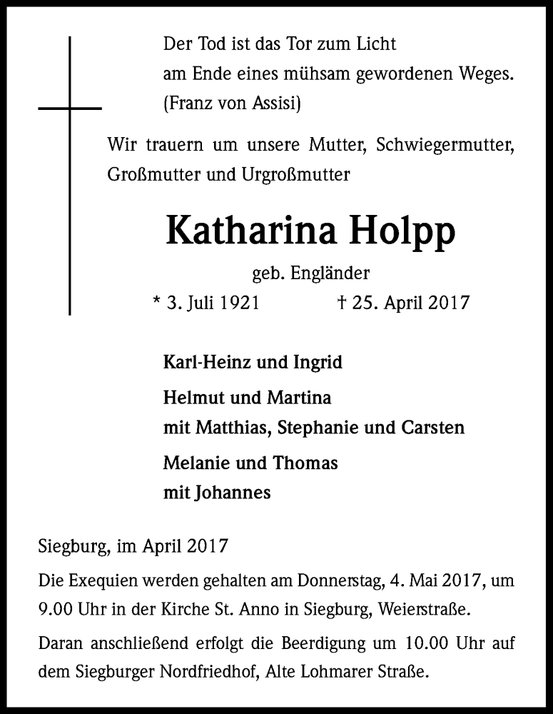  Traueranzeige für Katharina Holpp vom 29.04.2017 aus Kölner Stadt-Anzeiger / Kölnische Rundschau / Express
