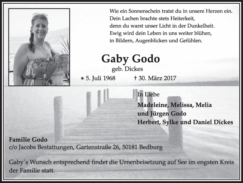  Traueranzeige für Gaby Godo vom 08.04.2017 aus  Sonntags-Post 