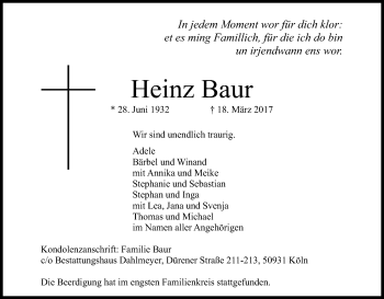 Anzeige von Heinz Baur von Kölner Stadt-Anzeiger / Kölnische Rundschau / Express