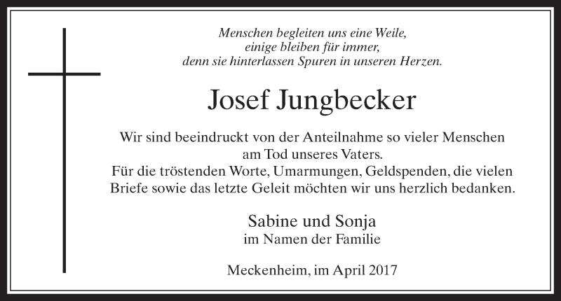  Traueranzeige für Josef Jungbecker vom 19.04.2017 aus  Schaufenster/Blickpunkt 