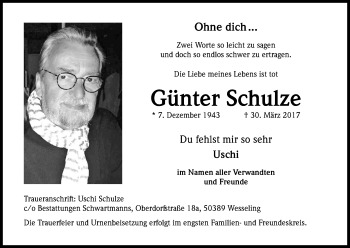 Anzeige von Günter Schulze von Kölner Stadt-Anzeiger / Kölnische Rundschau / Express