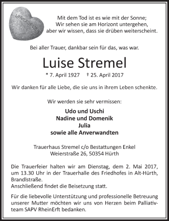 Anzeige von Luise Stremel von  Sonntags-Post 