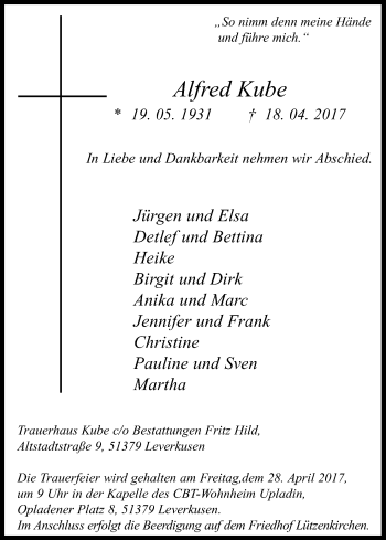 Anzeige von Afred Kube von Kölner Stadt-Anzeiger / Kölnische Rundschau / Express