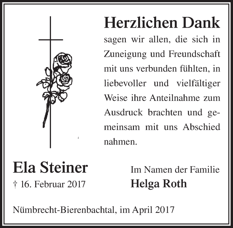  Traueranzeige für Ela Steiner vom 19.04.2017 aus  Lokalanzeiger 