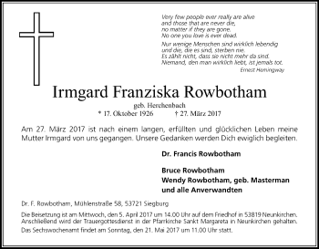 Anzeige von Irmgard Franziska Rowbotham von Kölner Stadt-Anzeiger / Kölnische Rundschau / Express