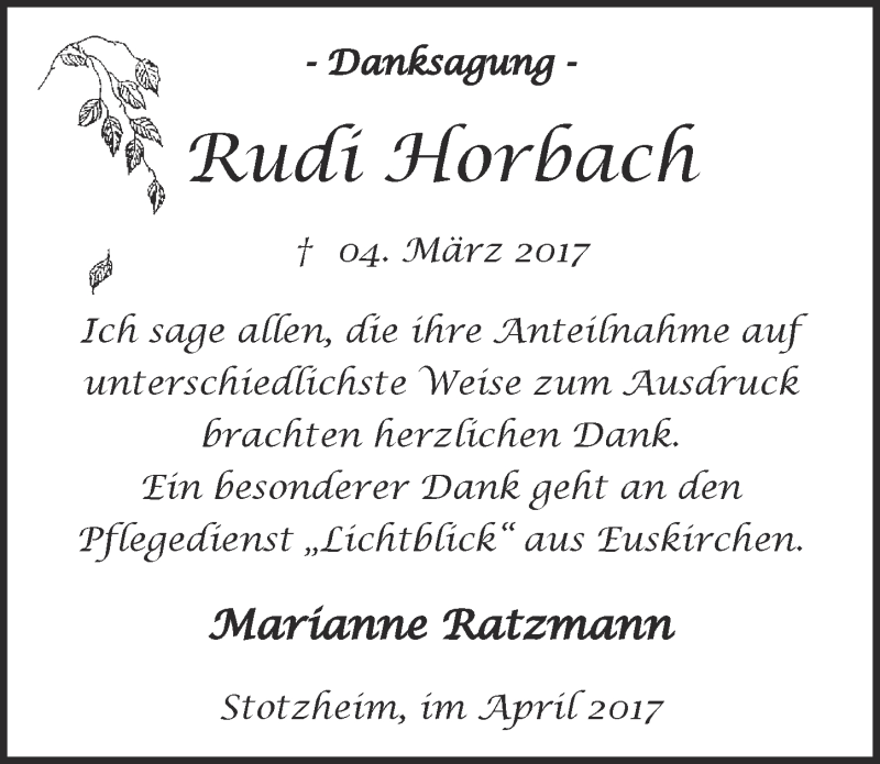  Traueranzeige für Rudi Horbach vom 15.04.2017 aus  Blickpunkt Euskirchen 