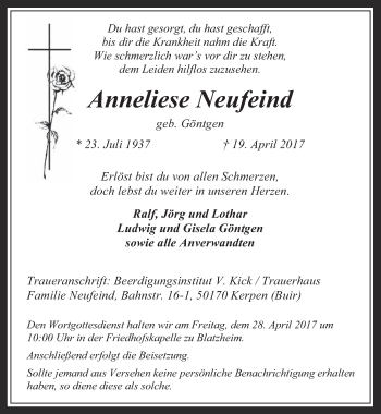 Anzeige von Anneliese Neufeind von  Werbepost 