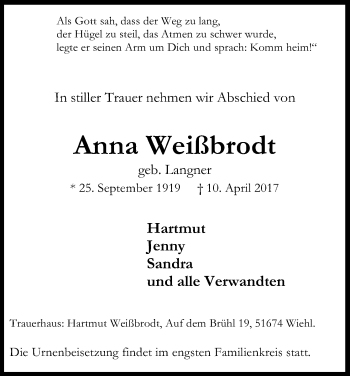 Anzeige von Anna Weißbrodt von Kölner Stadt-Anzeiger / Kölnische Rundschau / Express