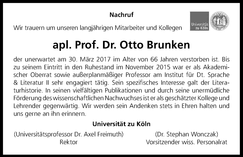  Traueranzeige für Otto Brunken vom 19.04.2017 aus Kölner Stadt-Anzeiger / Kölnische Rundschau / Express