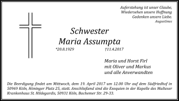 Anzeige von Maria Assumpta von Kölner Stadt-Anzeiger / Kölnische Rundschau / Express