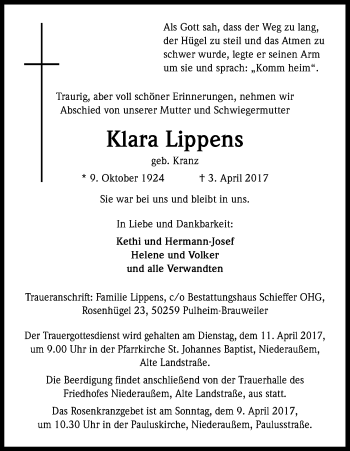 Anzeige von Klara Lippens von Kölner Stadt-Anzeiger / Kölnische Rundschau / Express