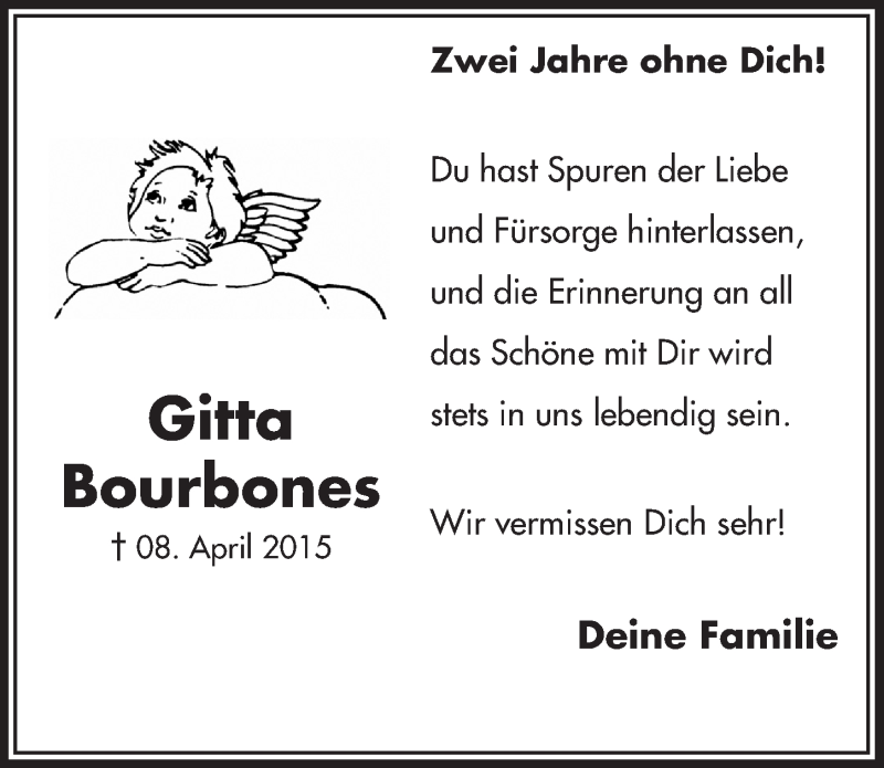  Traueranzeige für Gitta Bourbones vom 12.04.2017 aus  Lokalanzeiger 